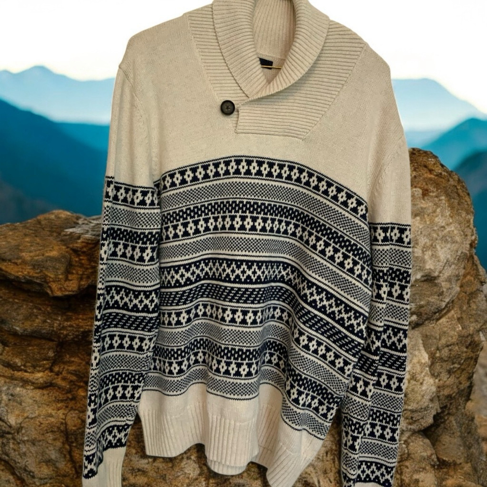 Gap Mens Cotton Cream and Navy Shawl Collar Sweater M
